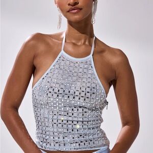 AKIRA LILA EMBELLISHED MOCK NECK MESH TOP